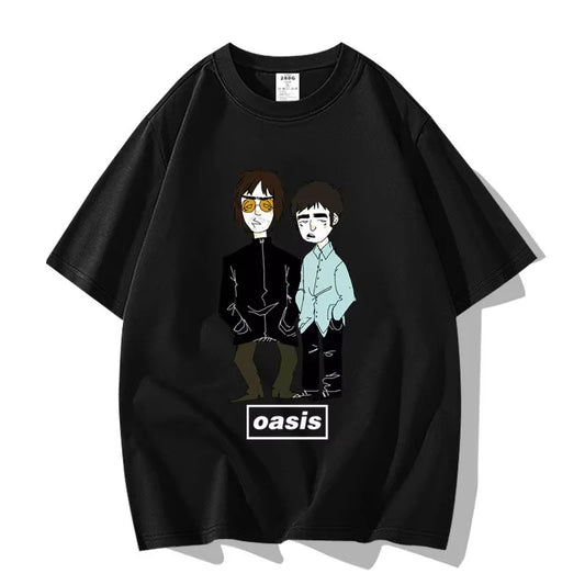 Oasis Liam and Noel Cartoon Black T-shirt Various Sizes